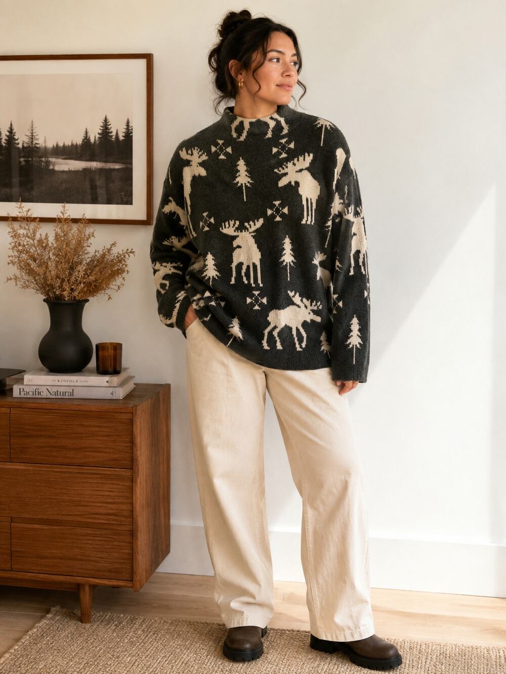 Vintage Moose Sweater Mock Neck Nordic Cabin Lodge Knit L ✨